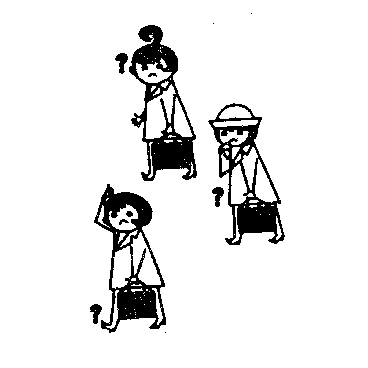 Found imagery - Black & white line drawing of a group of three unsure looking women holding bags with question marks next to each of the three women 