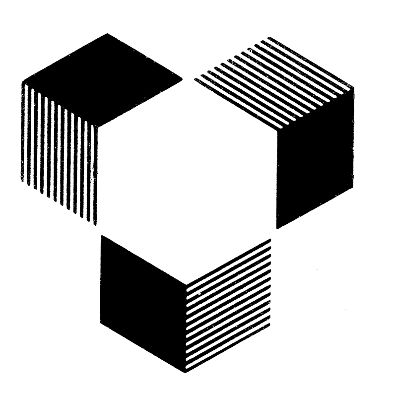 Found imagery - Black & white symmetrical symbol consisting of three diagrams of cubes. An unknown logo