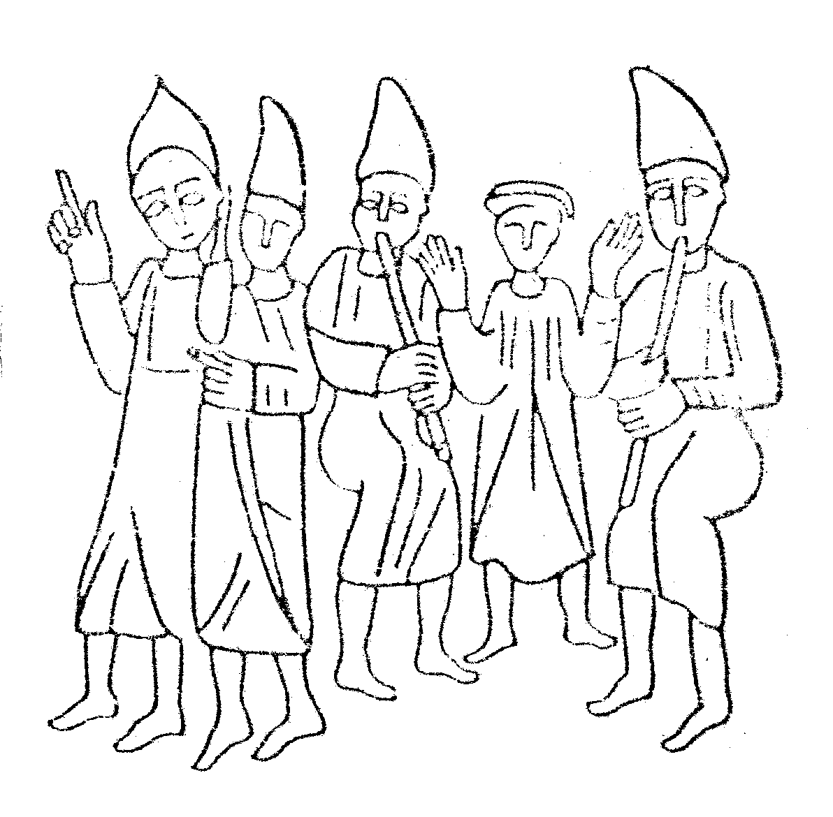 Found imagery - Medieval era black & white line drawing of a group of religious looking men with flutes