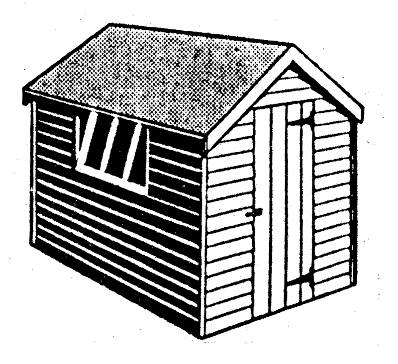 Found imagery - Photocopied black & white diagram of a garden shed with cross hatching